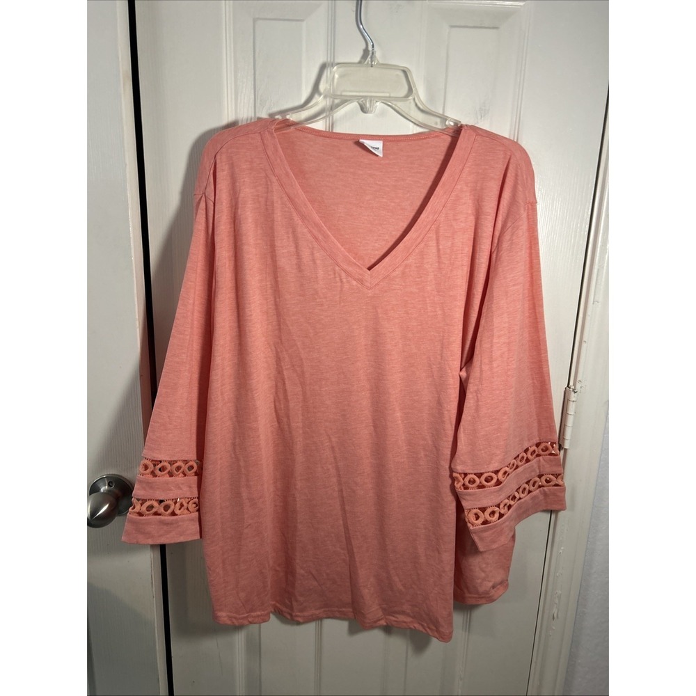 XIEERDUO Womens 3X Pink Eyelet 3/4 Sleeves VNeck‎ New